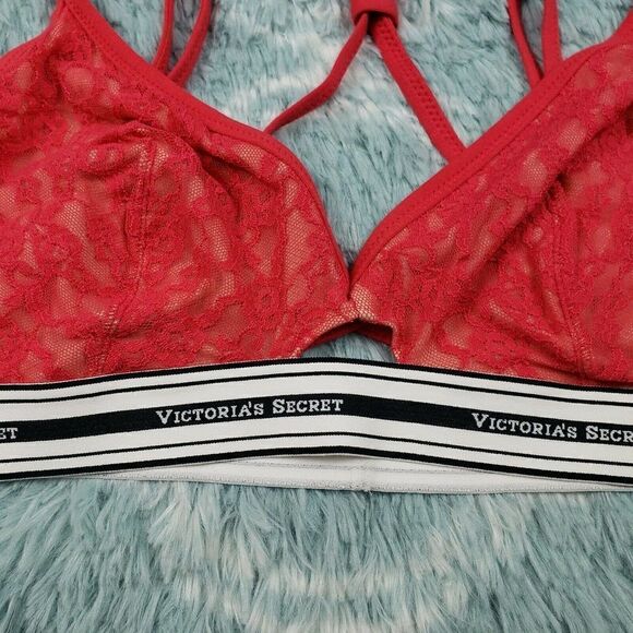 Victoria's Secret Women's Red The Lace Logo Unlined Bralette Bra Large - Picture 4 of 5